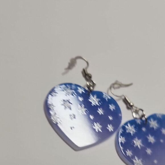 Blue Heart Earrings with Snowflake Design - Picture 3 of 3